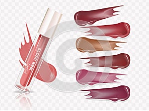 Lip gloss product collection, attractive color smear. illustration