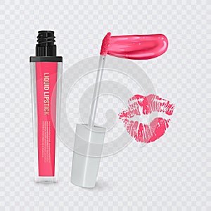 Lip gloss tube template. Lip cream plastic transparent 3d realistic vector packaging isolated on white background
