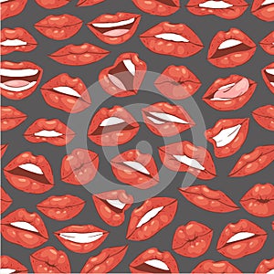 Lip kiss, open mouth with teeth seamless pattern vector cartoon illustration. Beautiful red lips or fashion lipstick and