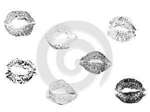 Lip prints. Set of vector isolated design elements on white background. Kiss print illustration