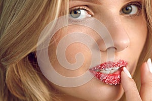 Lip Skin Care. Beautiful Woman With Sugar Lip Scrub On Lips