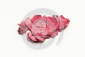 Lip stick texture. Lipstick different colors, shades options. Traces on a white isolated background from pink and red flowers
