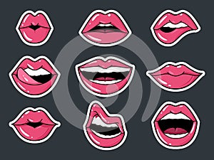 Lip Stickers Set. Patch female lips and mouth with a kiss, smile, tongue and teeth, Fashion collection badges elements