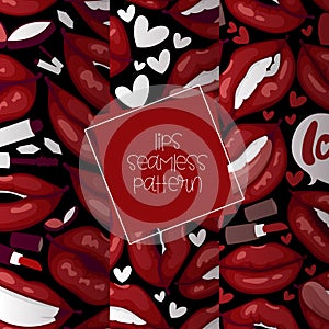 Lip vector seamless pattern cartoon beautiful red lips in kiss or smile fashion lipstick sexy mouth kissing lovely on