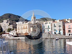 Lipari, Aeolian Island , View marina Corta with church, Italy