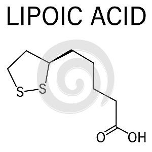 Lipoic acid enzyme cofactor molecule. Present in many nutritional supplements. Skeletal formula.