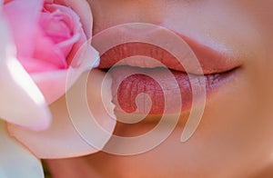 Lips Beauty Closeup. Beautiful woman mouth lips with rose.