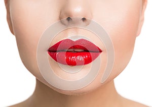 Lips Beauty Closeup, Woman Face Make Up and Red Lipstick Close Up. Isolated White