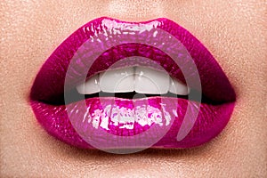 Lips. Beauty Pink Lips Makeup Detail.