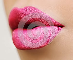 Lips. Beauty pinkLip Makeup Detail. Beautiful Make-up Closeup. Sensual Open Mouth. lipstick or Lipgloss. Kiss. Beauty Model