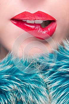 Lips. Beauty Red Lip Makeup Detail.