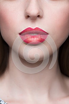 Lips. Beauty Red Lip Makeup Detail