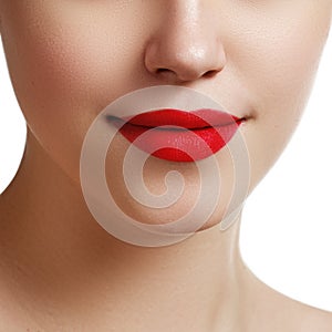 lips. Beauty red lips makeup detail. Beautiful make-up clos