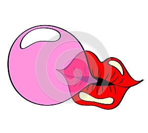 Lips blowing pink bubble gum. Pop art style photo