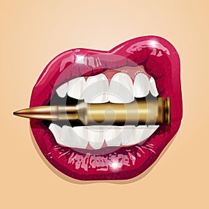 Pink women lips with bullet. Vector photo