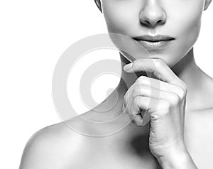 Lips and cheen. Beauty Woman face Portrait. Black and white. Beautiful model Girl with Perfect Fresh Clean Skin.