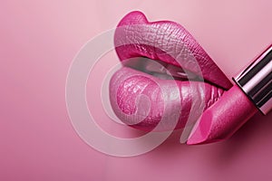 Lips coated in pink lipstick with tube