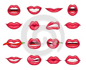 Lips collection. Beautiful girl smiling, kissing, biting pepper, cherry and lip with lipstick. Cartoon beauty kiss