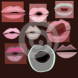 Lips of different sizes and colors pop art creative