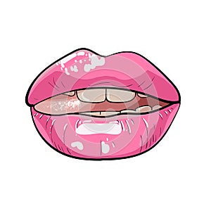 Lips, female, moist, ajar, with a protruding tongue.