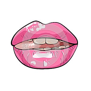 Lips, female, moist, ajar, with a protruding tongue. photo