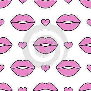 Lips and hearts. Seamless vector pattern. Pink elements with black outlines on the white background. Fashion background for modern