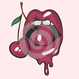 lips with juicy cherry, vector illustration