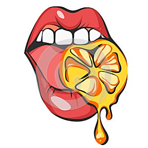 lips with juicy orange. Pop art mouth biting citrus. Close up view of cartoon girl eating fruit. Isolated vector illustration