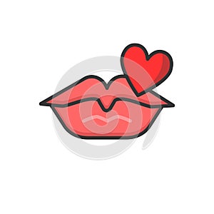 Lips in a kiss of love. And red heart, isolated on white. Vector illustration.