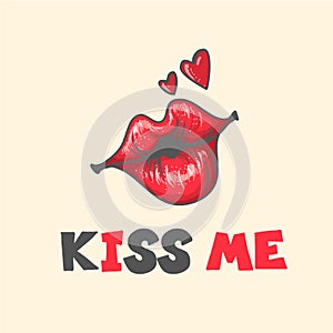 Lips kiss. Vector patch, sticker isolated on white. Cool red kissed. cartoon Sign for print in comics Fashion pop