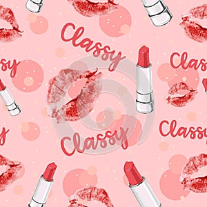 Lips, kisses and lipstick with classy text, seamless pattern. Repetitive pink background for Valentine`s day