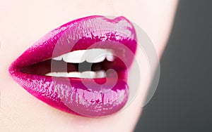 lips, lip care and beauty. Beautiful tender lip, lipstick and lipgloss, passionate. Sensual open mouth. Beauty