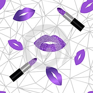 Lips and lipstick with glitter seamless vector pattern