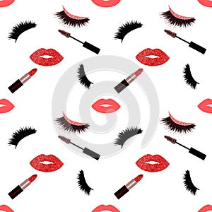 Lips, lipstick, lashes and mascara seamless vector pattern with glitter effect