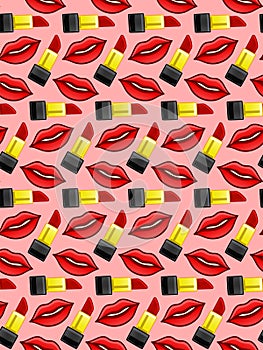 Lips and lipstick seamless pattern on pink background