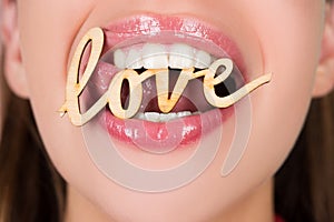 Lips in love shape. Valentines day, Sexy female lips with pink lipstick. Sensual womens open mouths. Tongue and sexy