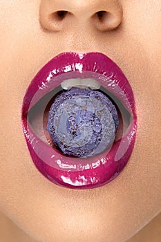 Lips Makeup. Female With Lipstick And Sweets