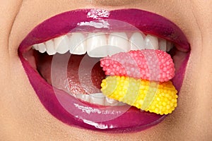 Lips Makeup. Female With Lipstick And Sweets