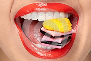 Lips Makeup. Lips With Colored Lipstick And Sweets.