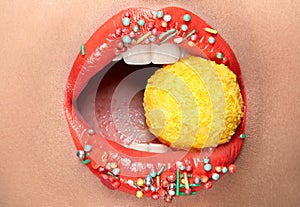 Lips Makeup. Lips With Colored Lipstick And Sweets.