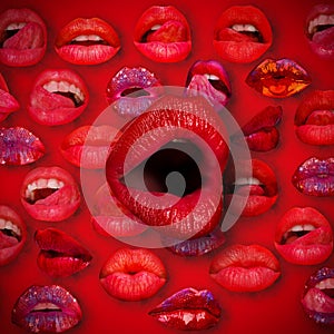 Lips and mouth. Female lip in red background. Sexy lips.