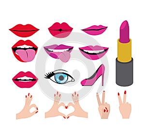 Lips and mouth with hands and beauty elements set on white background