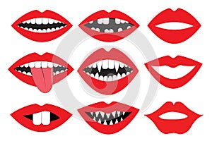 Lips, mouth with teeth, vector set. Photo booth accessory collection. Props retro party set