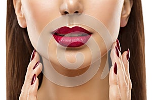 Lips Nail Closeup, Woman Beauty Makeup, Red Lipstick Face Skin