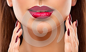 Lips Nail Closeup, Woman Beauty Makeup, Red Lipstick and Face Skin Care