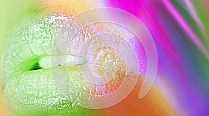 Lips neon glamor disco shiny trendy colorful , unreal, fantasy, card party girl design