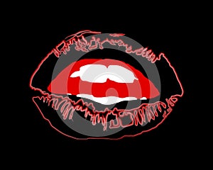 Lips night black with red watercolor stroke and white teeth on dark background vector. Hallo ween black lips.