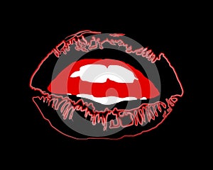 Lips night black with red watercolor stroke and white teeth on dark background vector. Hallo ween black lips. photo
