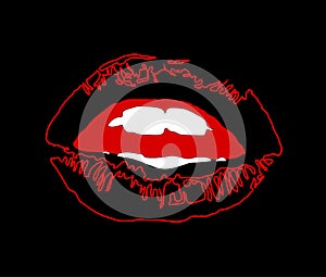 Lips night black with red watercolor stroke and white teeth isolated on dark background . Hallo ween black lips.