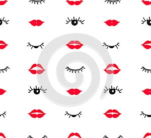 Lips with open and closed eyes vector seamless pattern.
